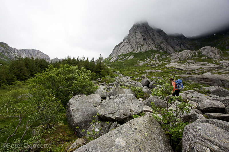 Majka approaching Pillaren, Lofoten Islands Norway